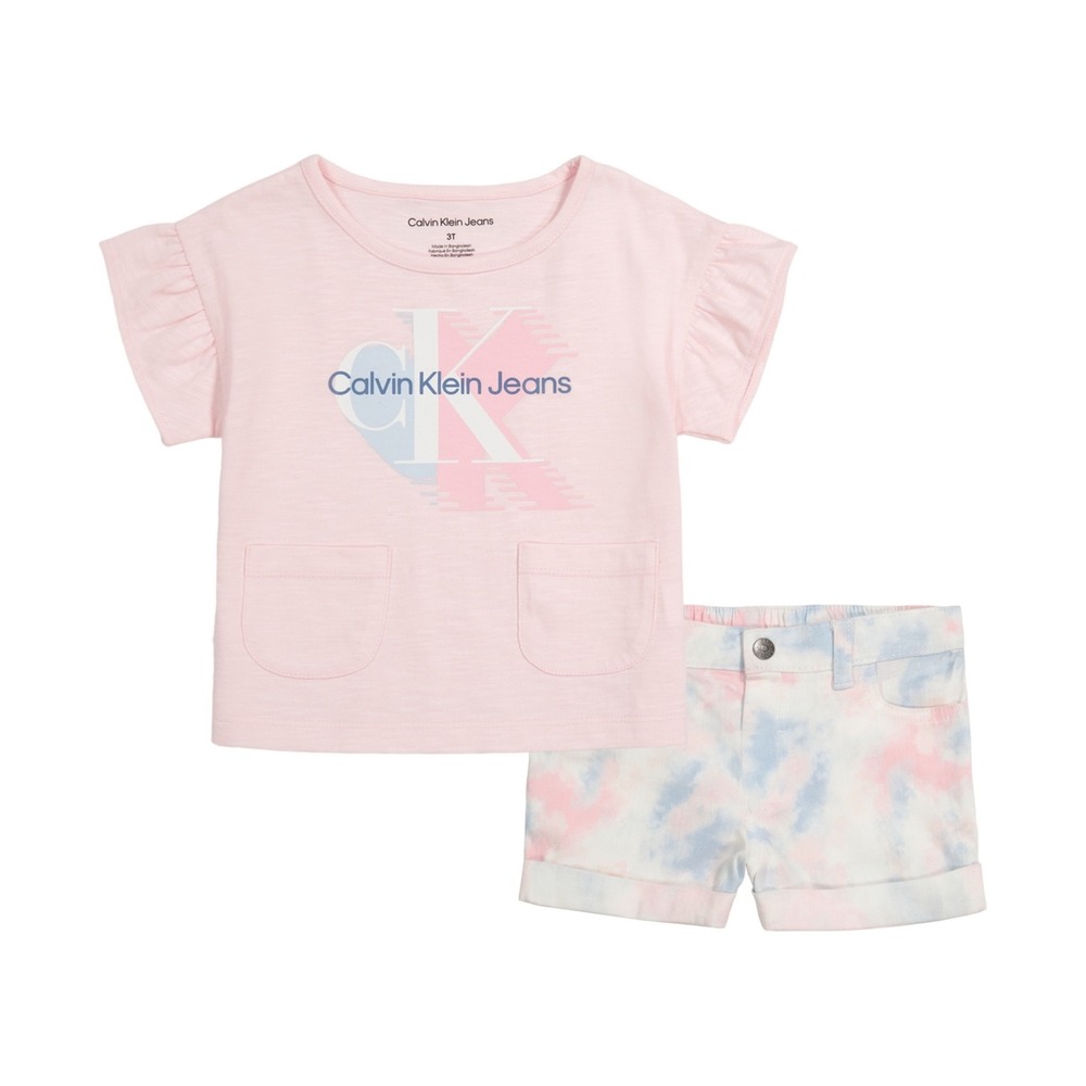 Calvin Klein Baby Girls Ruffled T Shirt and Denim‎ Shorts 2 Piece Set - Pink 12M